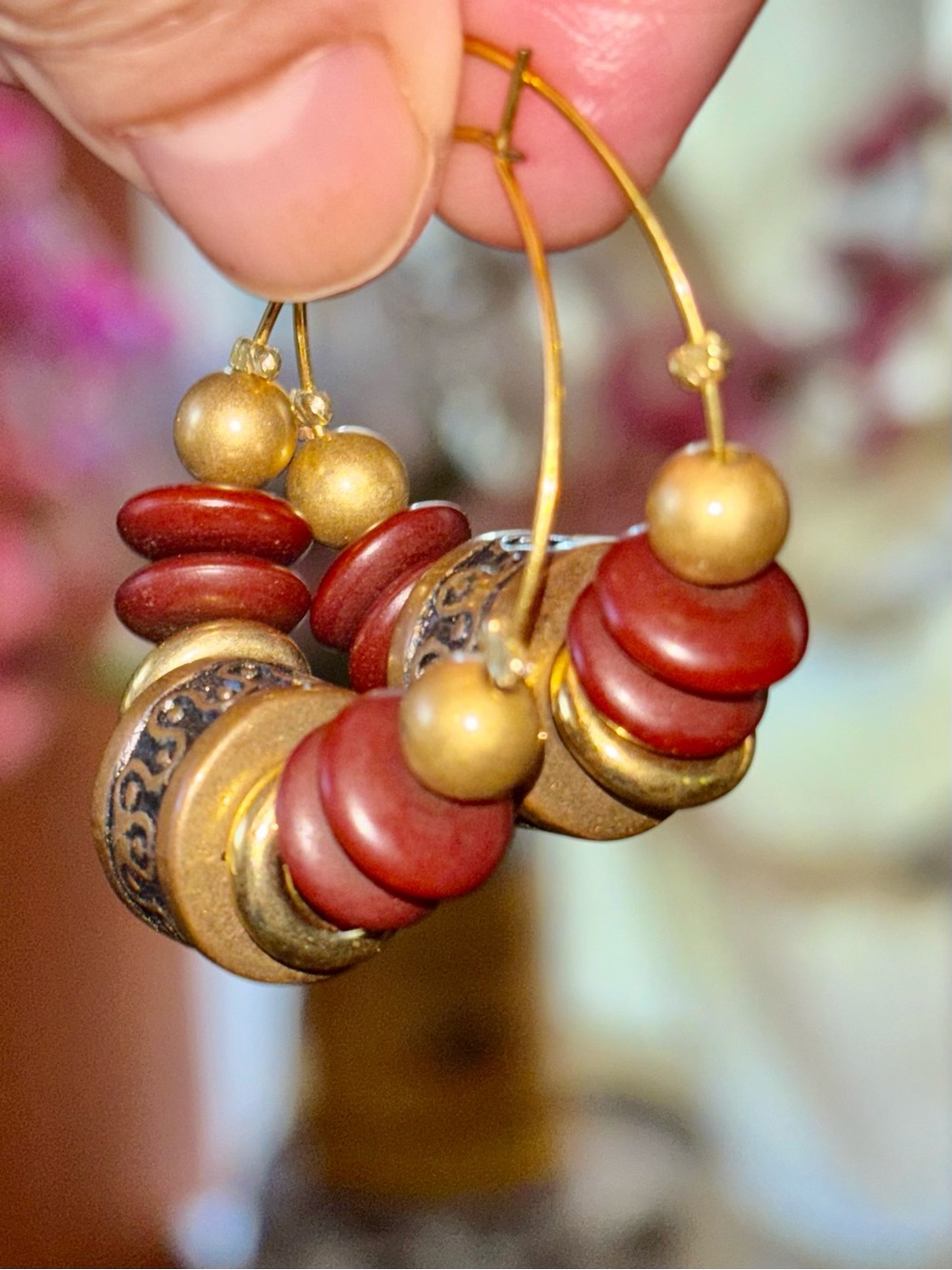 Vintage estate sale Handcrafted Gold and Red Bead Hoop Earrings